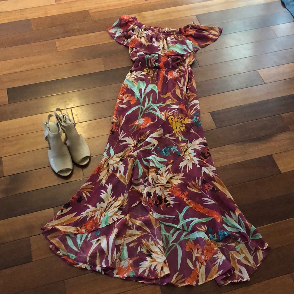 EUC Express purple floral high low cold shoulder